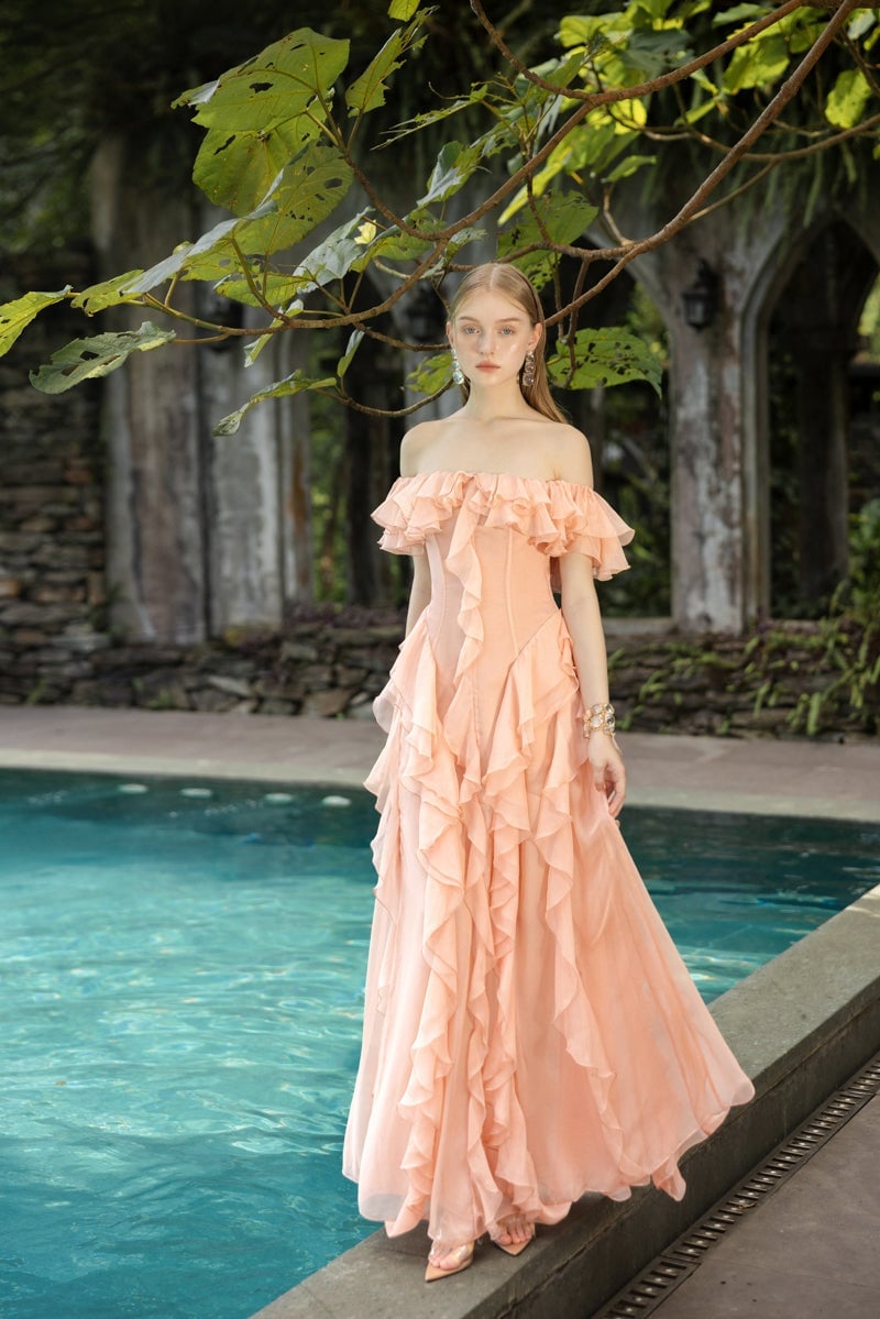 Peach Silk Off-Shoulder Maxi Dress with Cascading Ruffles Peach Silk Off-Shoulder Maxi Dress with Cascading Ruffles — Classy Ruffle Dresses