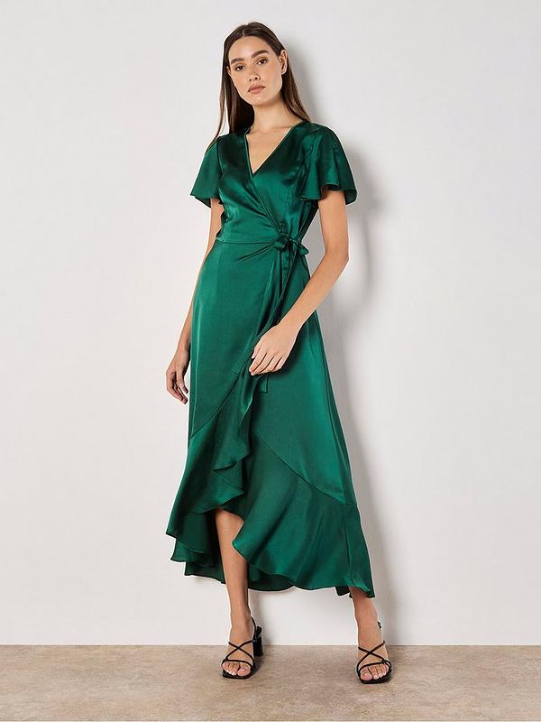 Emerald Green Satin Wrap Midi Dress with Waterfall Ruffle Hem Emerald Green Satin Wrap Midi Dress with Waterfall Ruffle Hem — Classy Ruffle Dresses