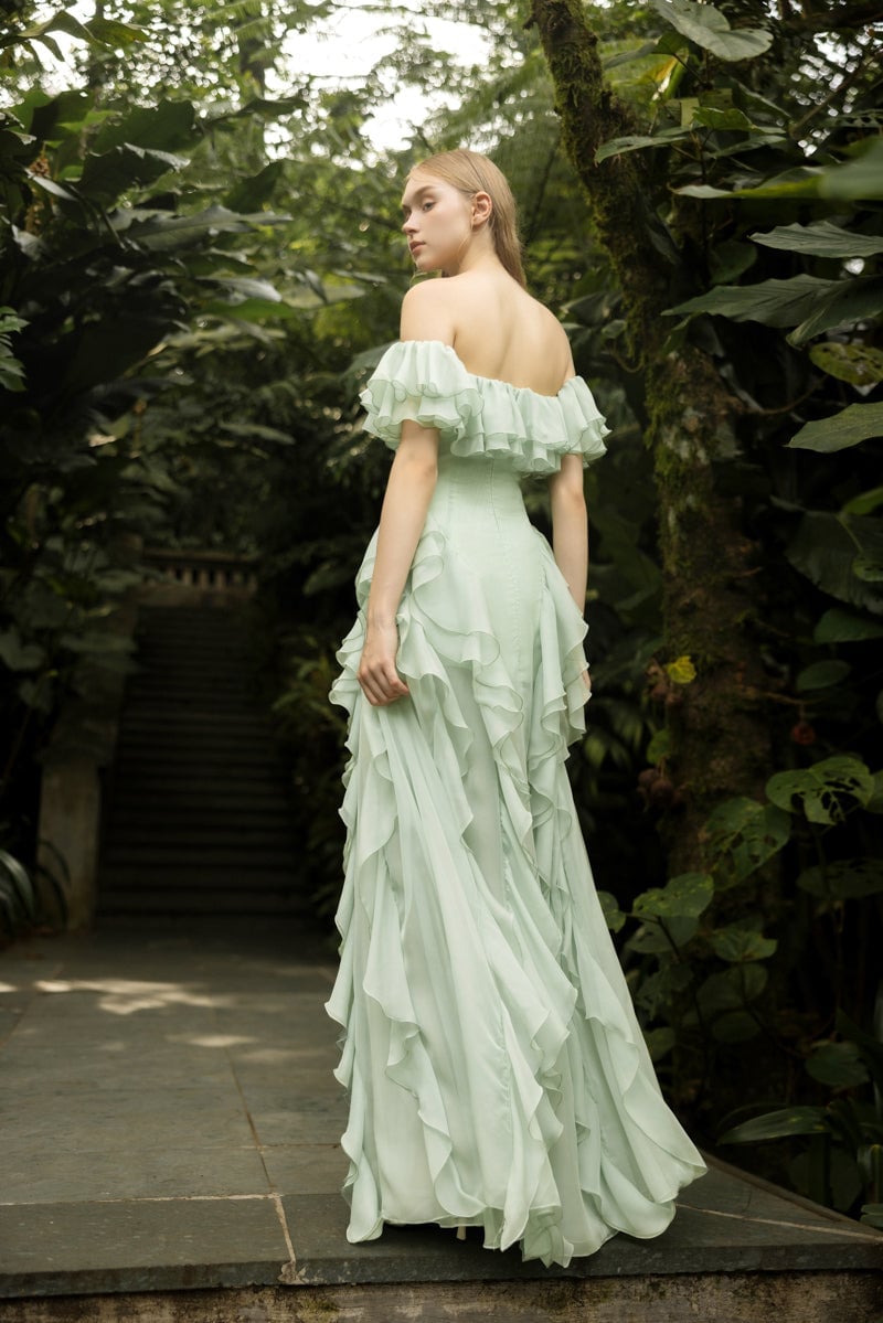 Mint Green Off-Shoulder Maxi Dress with Abundant Cascading Ruffles Mint Green Off-Shoulder Maxi Dress with Abundant Cascading Ruffles — Classy Ruffle Dresses