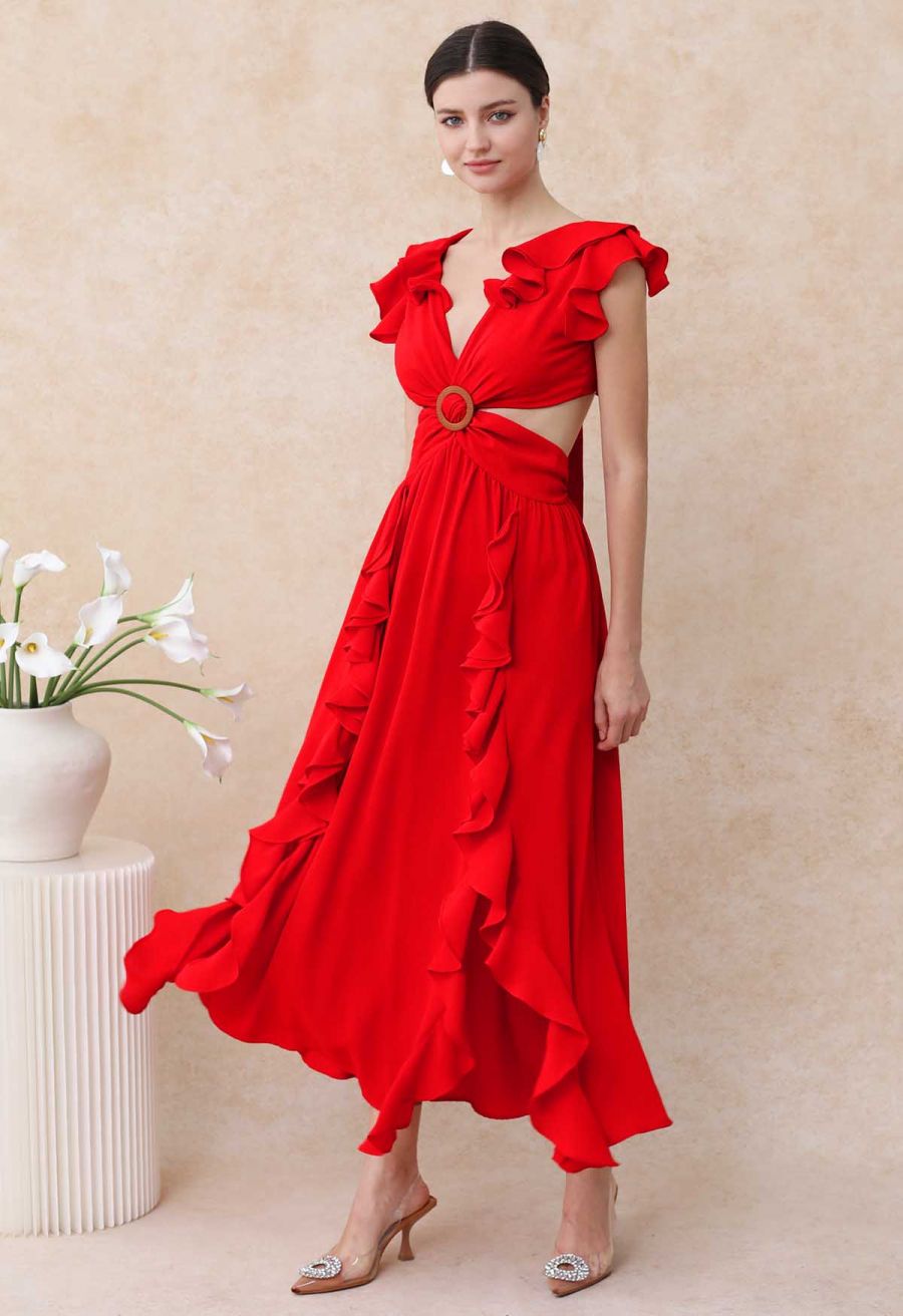 Red Crepe Fit and Flare Midi Dress with Ruffle Trim Red Crepe Fit and Flare Midi Dress with Ruffle Trim — Classy Ruffle Dresses