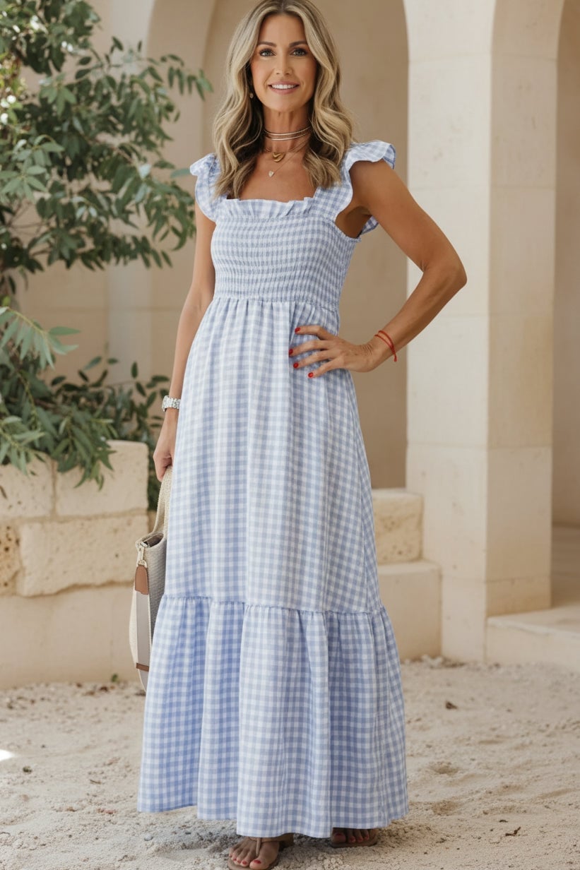 Blue and White Gingham Midi Dress with Ruffled Shoulders and Tiered Blue and White Gingham Midi Dress with Ruffled Shoulders and Tiered — Classy Ruffle Dresses