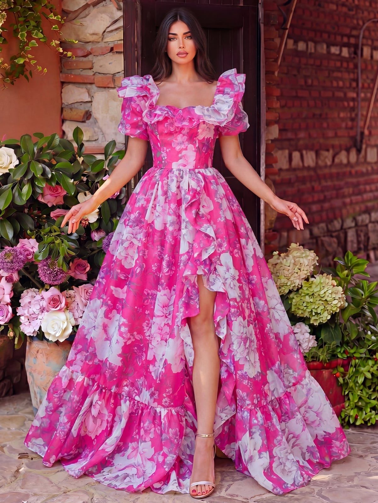Pink and White Floral Organza Ballgown with High-Low Hem Pink and White Floral Organza Ballgown with High-Low Hem — Classy Ruffle Dresses
