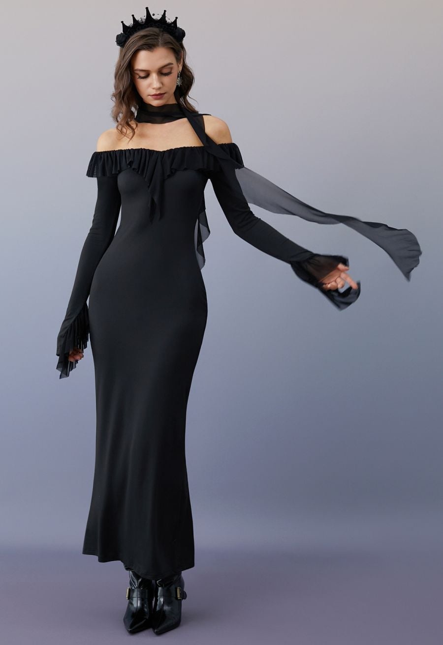 Black Off-Shoulder Maxi Dress with Ruffled Cuffs Black Off-Shoulder Maxi Dress with Ruffled Cuffs — Classy Ruffle Dresses