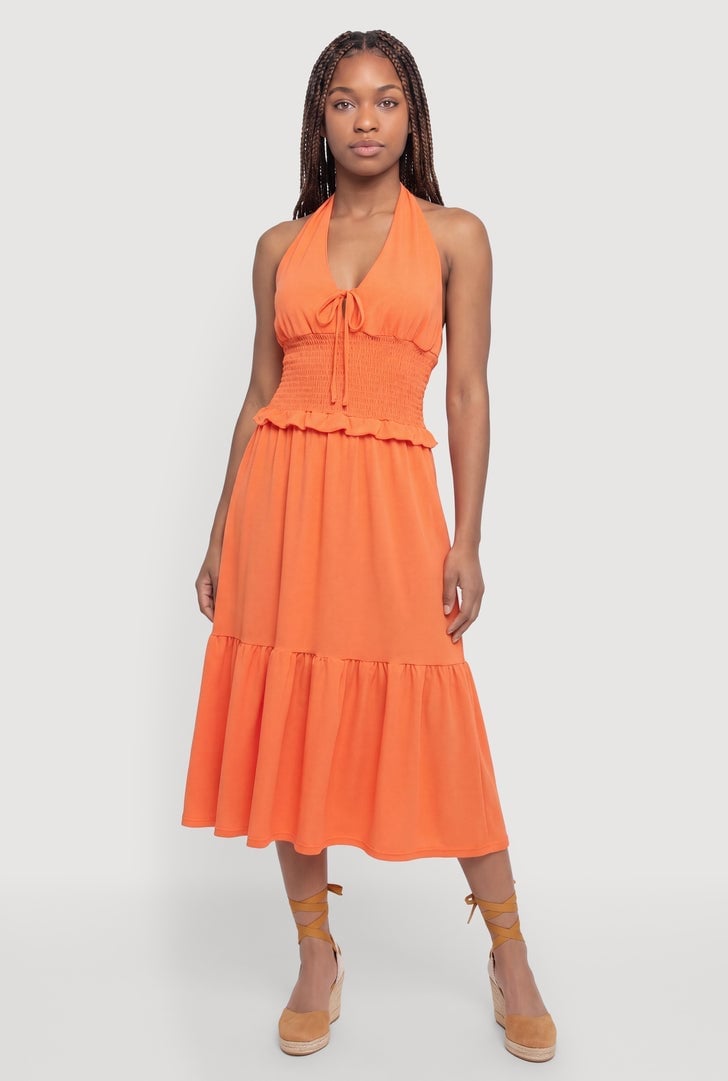 Bright Orange Halter Neck Dress with Tiered Ruffle Skirt Bright Orange Halter Neck Dress with Tiered Ruffle Skirt — Classy Ruffle Dresses