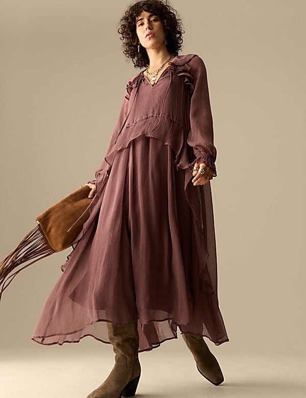 Mauve Chiffon Maxi Dress with Tie Neck and Ruffles Mauve Chiffon Maxi Dress with Tie Neck and Ruffles — Classy Ruffle Dresses