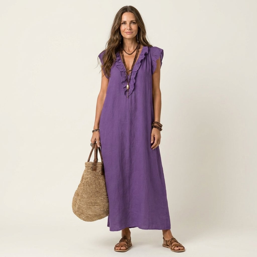 Purple Linen V-Neck Maxi Dress with Ruffle Detail Purple Linen V-Neck Maxi Dress with Ruffle Detail — Classy Ruffle Dresses