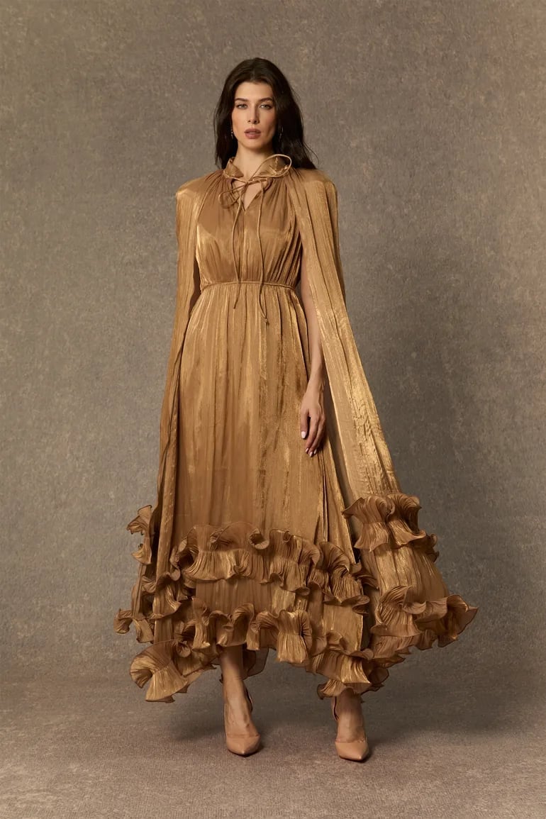 Gold Shimmering Maxi Dress with Cascading Ruffled Tiers Gold Shimmering Maxi Dress with Cascading Ruffled Tiers — Classy Ruffle Dresses
