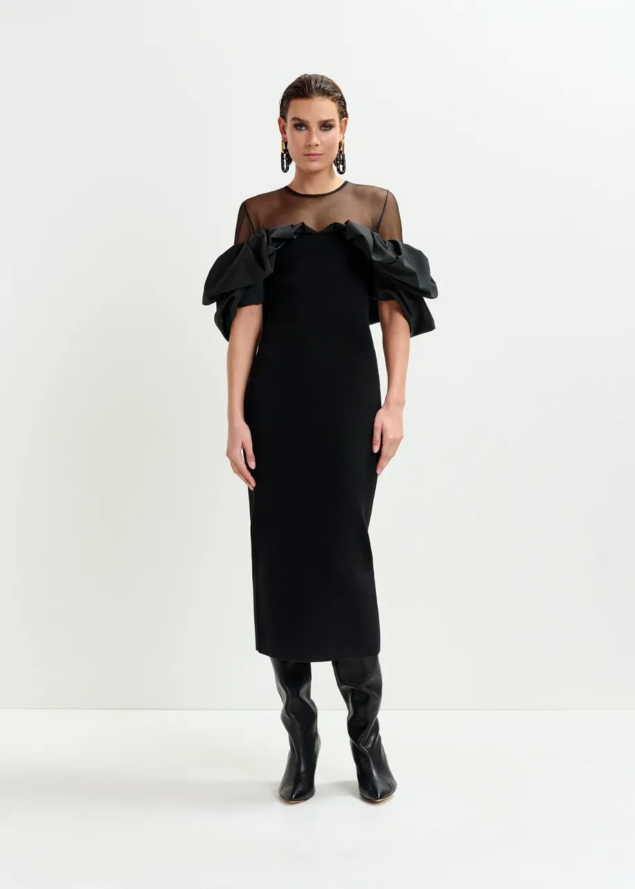 Black Fitted Sheath Midi Dress with Puffy Taffeta Ruffled Sleeves Black Fitted Sheath Midi Dress with Puffy Taffeta Ruffled Sleeves — Classy Ruffle Dresses