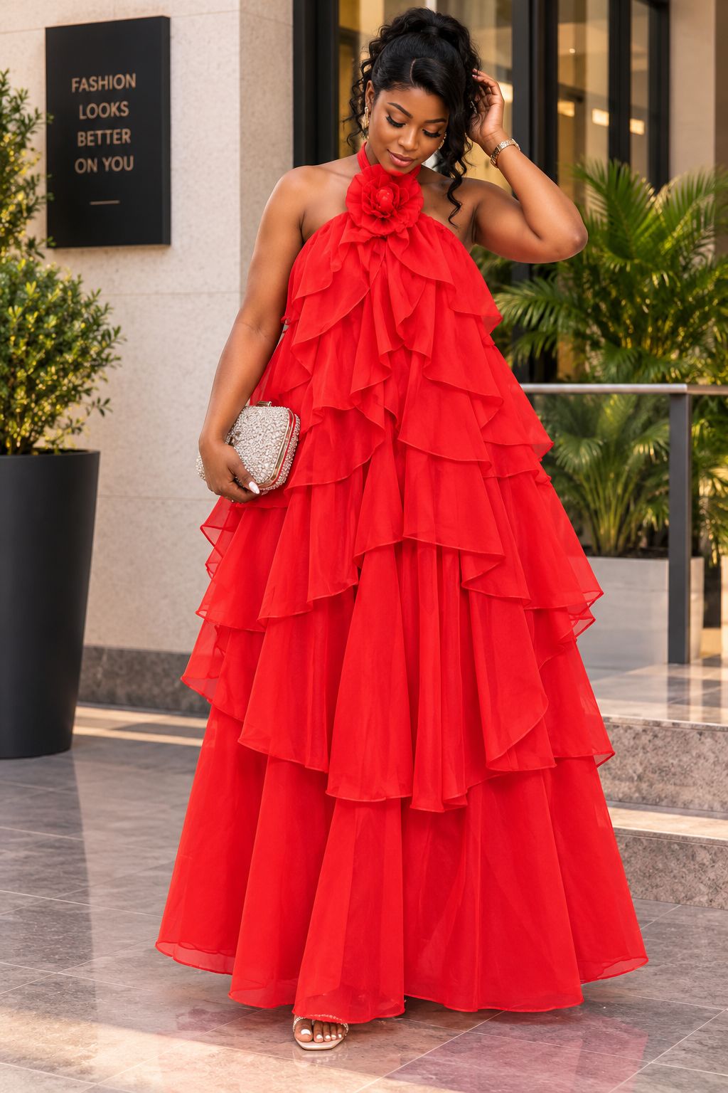 Bright Red Halter Neck Maxi Dress with Tiered Ruffled Skirt Bright Red Halter Neck Maxi Dress with Tiered Ruffled Skirt — Classy Ruffle Dresses
