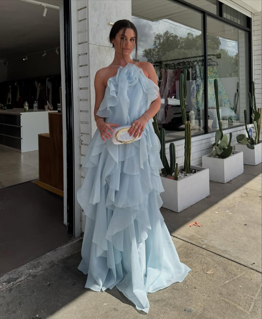 Pale Blue Strapless Maxi Dress with Oversized Ruffles Pale Blue Strapless Maxi Dress with Oversized Ruffles — Classy Ruffle Dresses