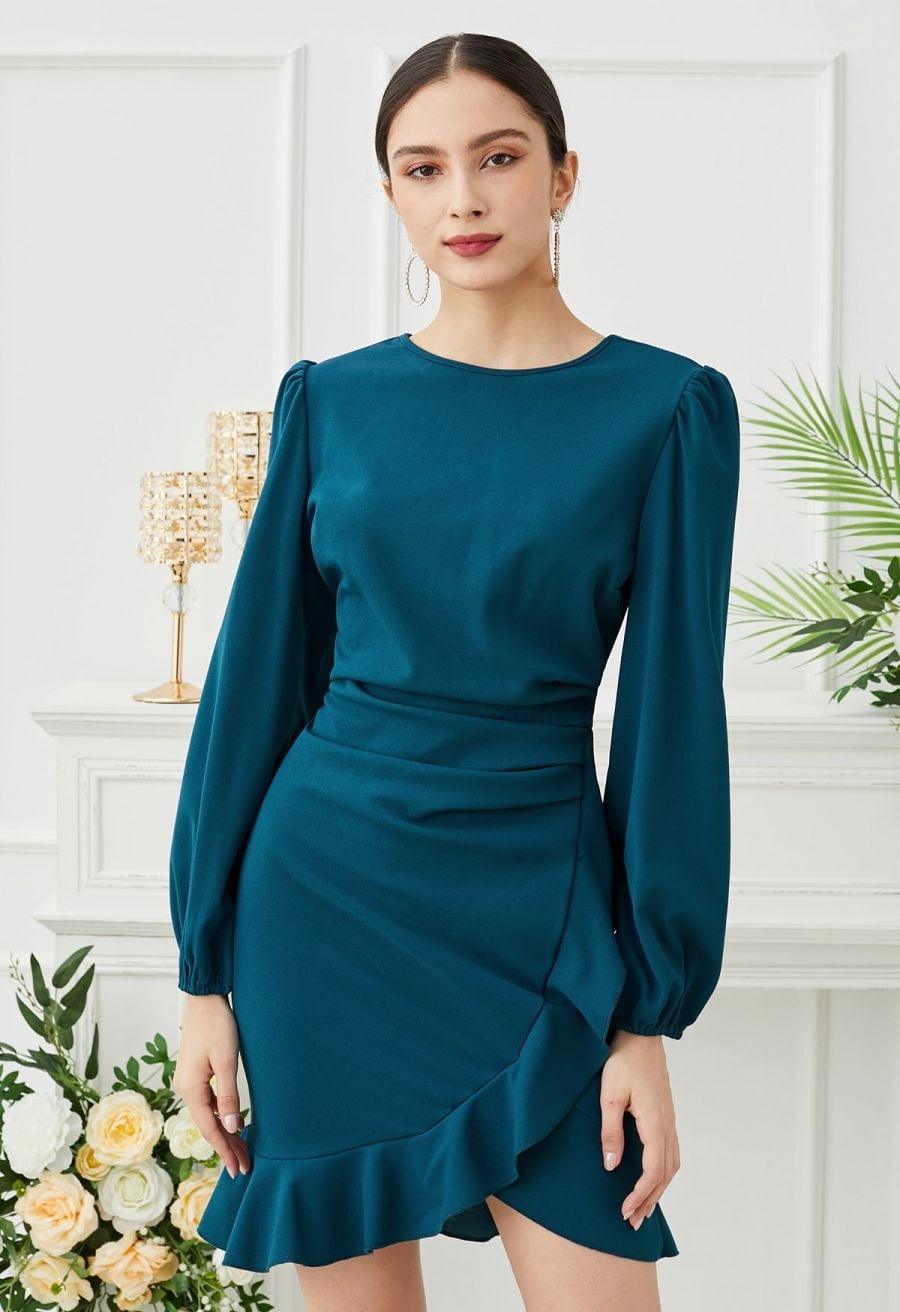 Teal Long-Sleeved Mini Dress with Ruffled Hem Teal Long-Sleeved Mini Dress with Ruffled Hem — Classy Ruffle Dresses