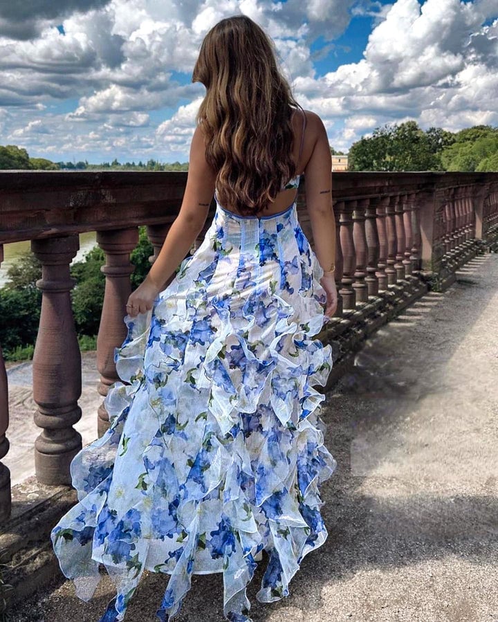 White Floral Print Maxi Dress with Spaghetti Straps and Ruffles White Floral Print Maxi Dress with Spaghetti Straps and Ruffles — Classy Ruffle Dresses