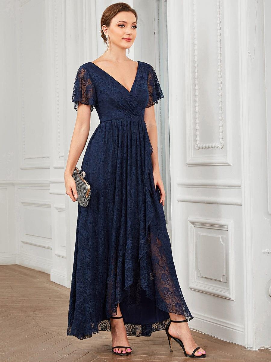 Navy Blue Lace Maxi Dress with Flutter Sleeves and Ruffled Skirt Navy Blue Lace Maxi Dress with Flutter Sleeves and Ruffled Skirt — Classy Ruffle Dresses