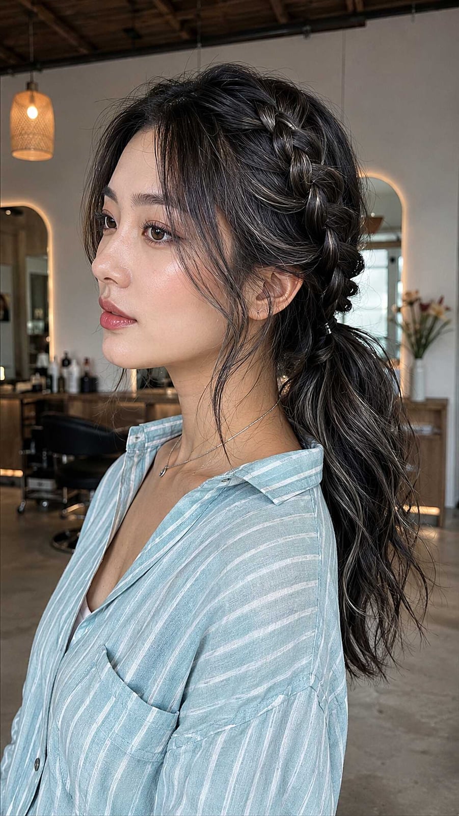 Dark Brown Braided Ponytail With Wispy Bangs — Classy Running Hairstyles