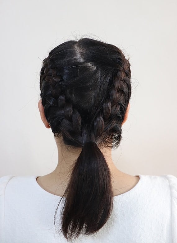 Dark Brown Double Braids Into Low Ponytail, Mid-Back — Classy Running Hairstyles