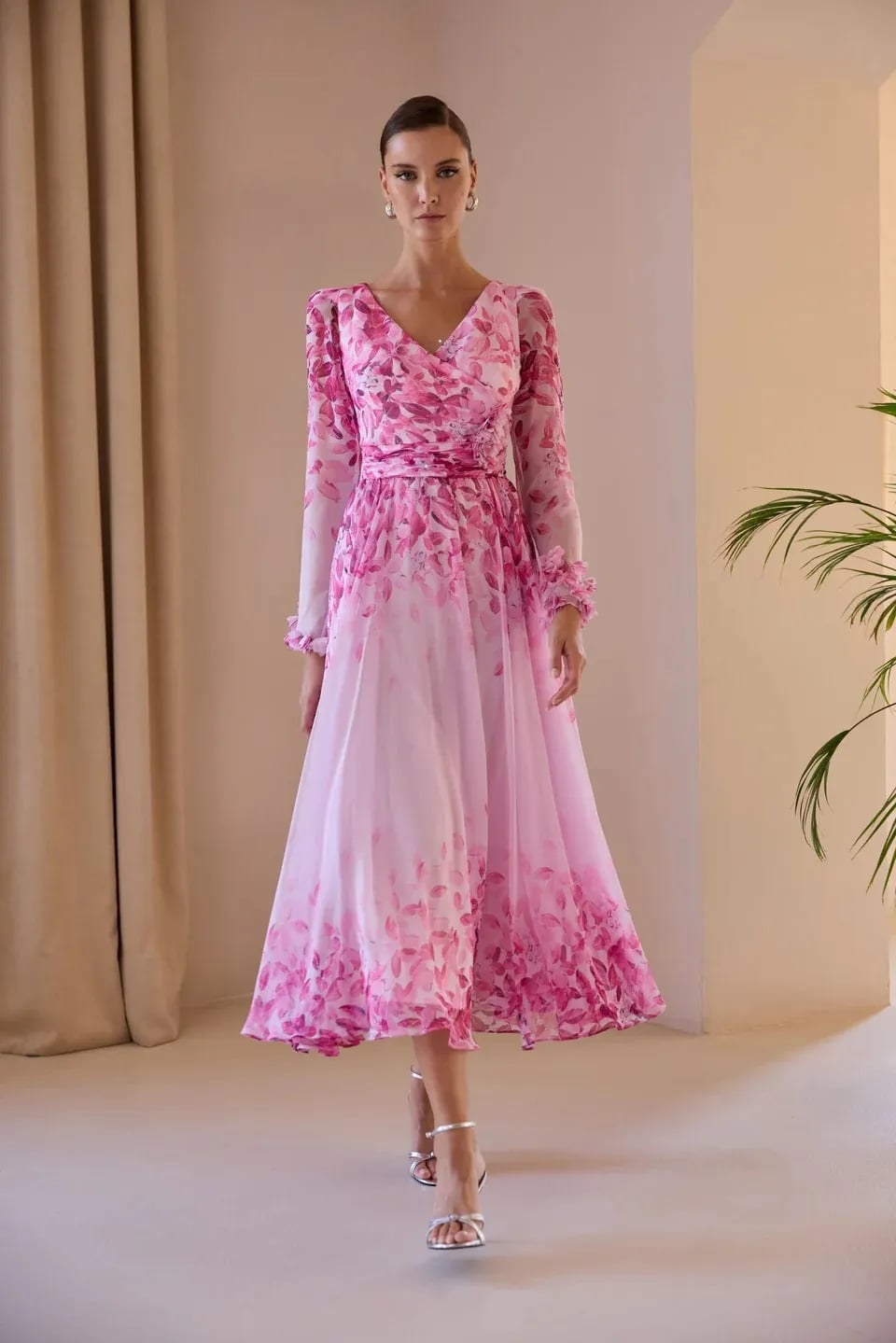 Pink Floral Print Wrap Midi Dress Pink Floral Print Wrap Midi Dress — Classy Runway Dresses