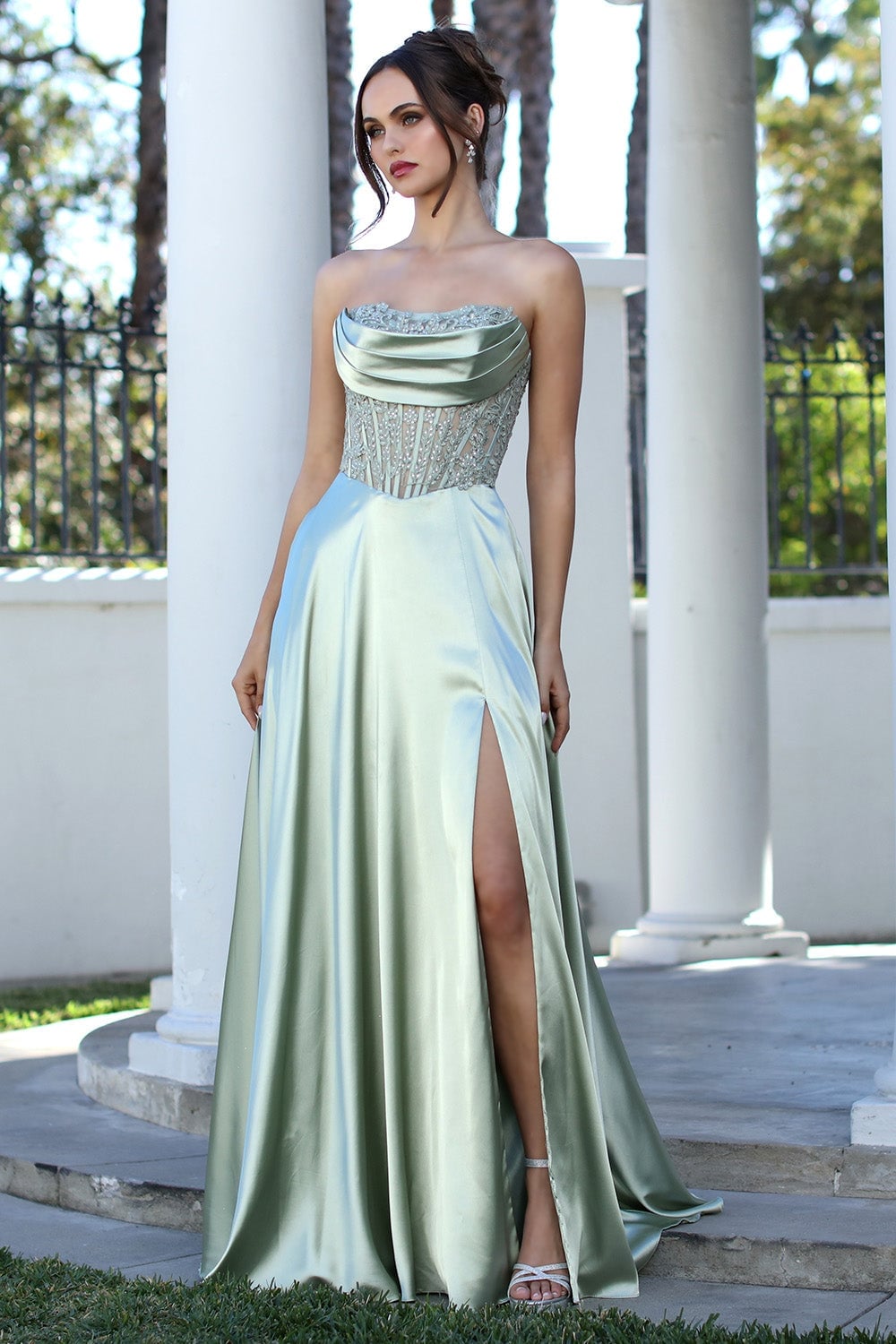 Pale Green Strapless Beaded Ballgown Pale Green Strapless Beaded Ballgown — Classy Runway Dresses