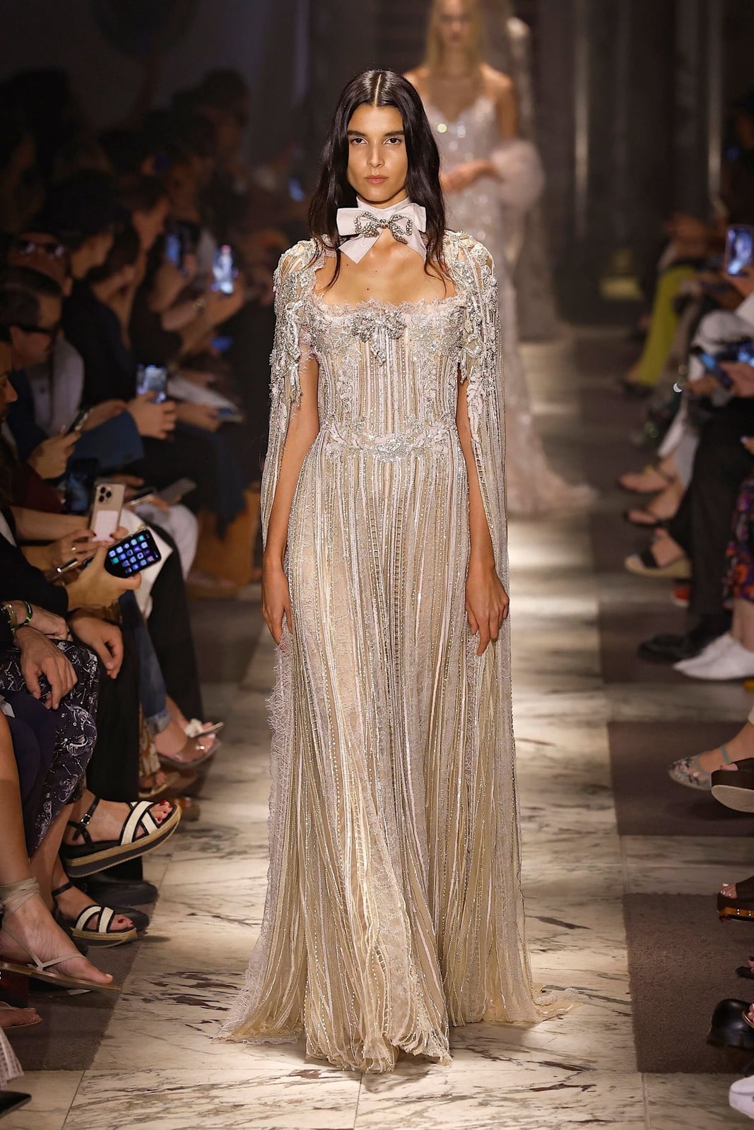 Ivory Beaded Lace Gown with Cape Ivory Beaded Lace Gown with Cape — Classy Runway Dresses