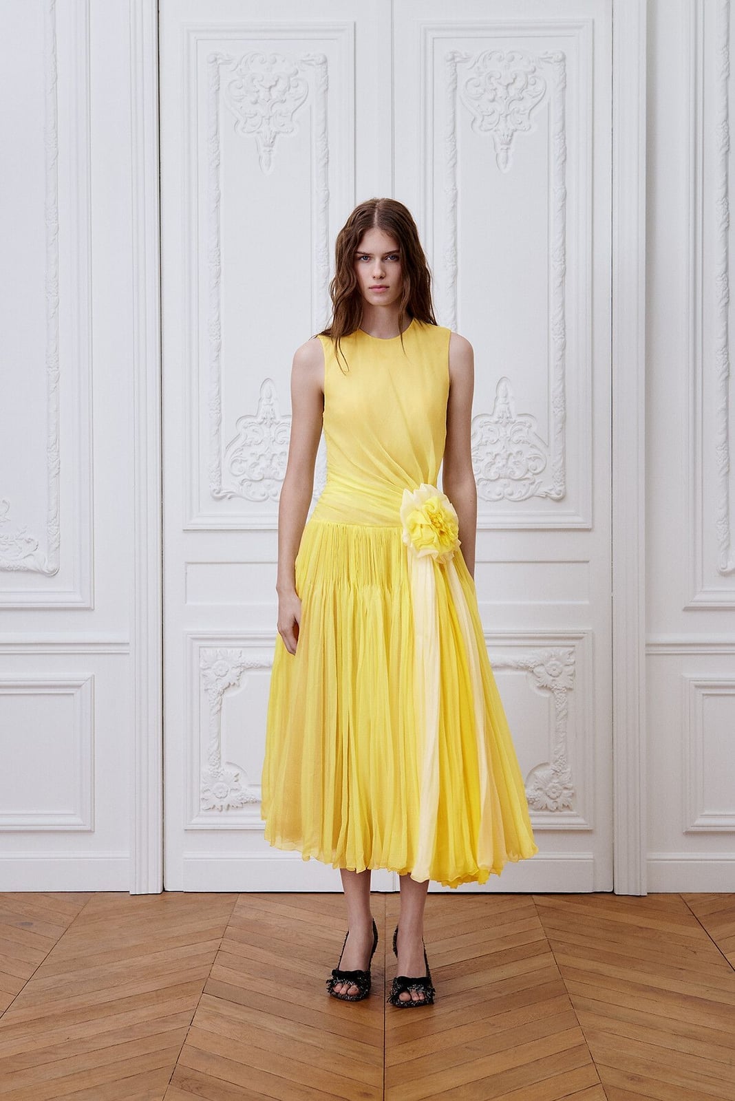 Yellow Chiffon Ruched Dress with Flower Yellow Chiffon Ruched Dress with Flower — Classy Runway Dresses