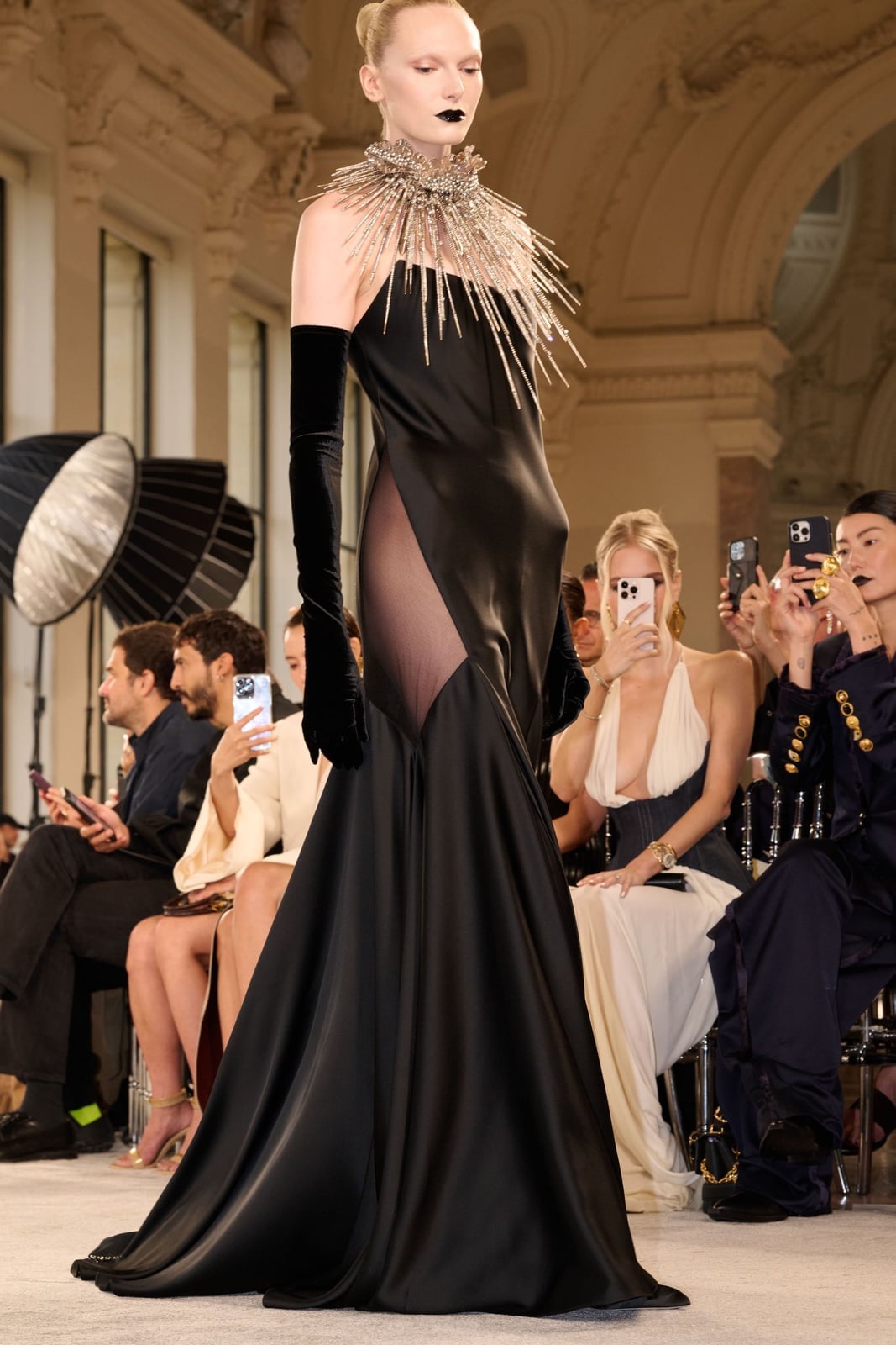 Black Satin Mermaid Gown with Crystal Collar Black Satin Mermaid Gown with Crystal Collar — Classy Runway Dresses