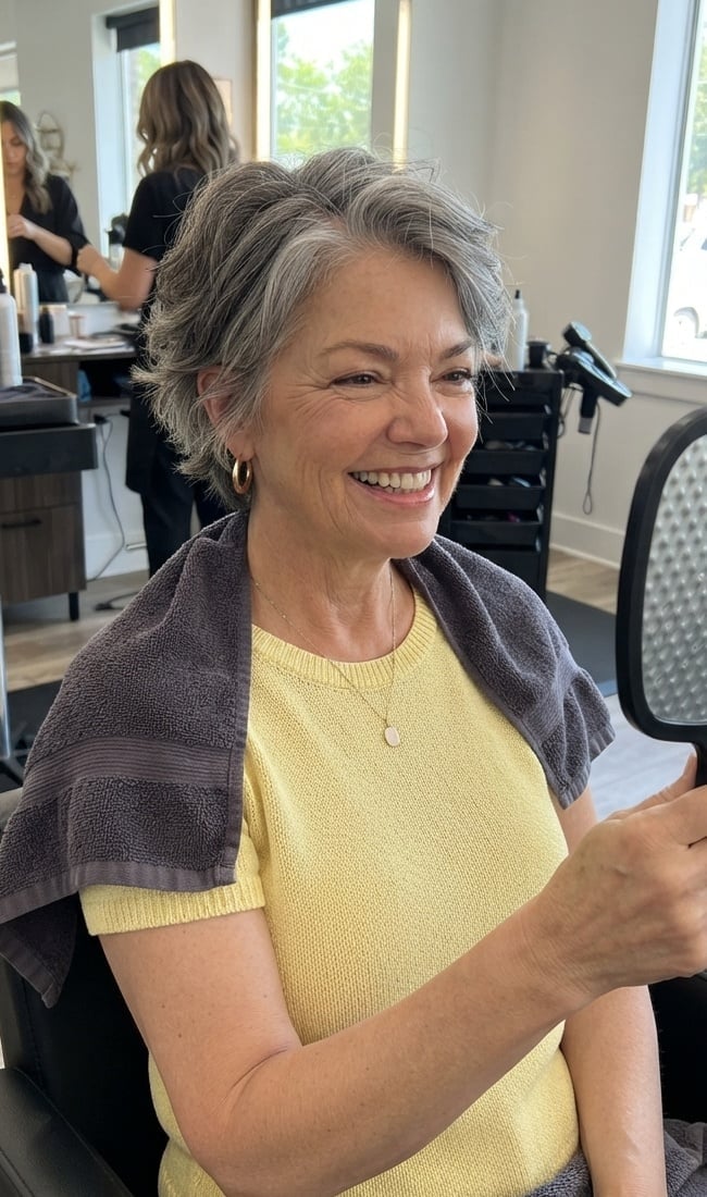 Textured Pixie Bob With Silver Roots — Classy Salt and Pepper Hair