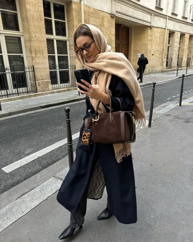 Dark Navy Coat with Large Beige Scarf Dark Navy Coat with Large Beige Scarf — Classy Scandinavian Style