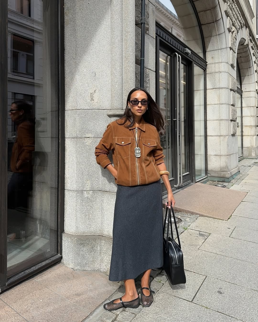 Brown Suede Jacket with Grey Knit Maxi Skirt Brown Suede Jacket with Grey Knit Maxi Skirt — Classy Scandinavian Style