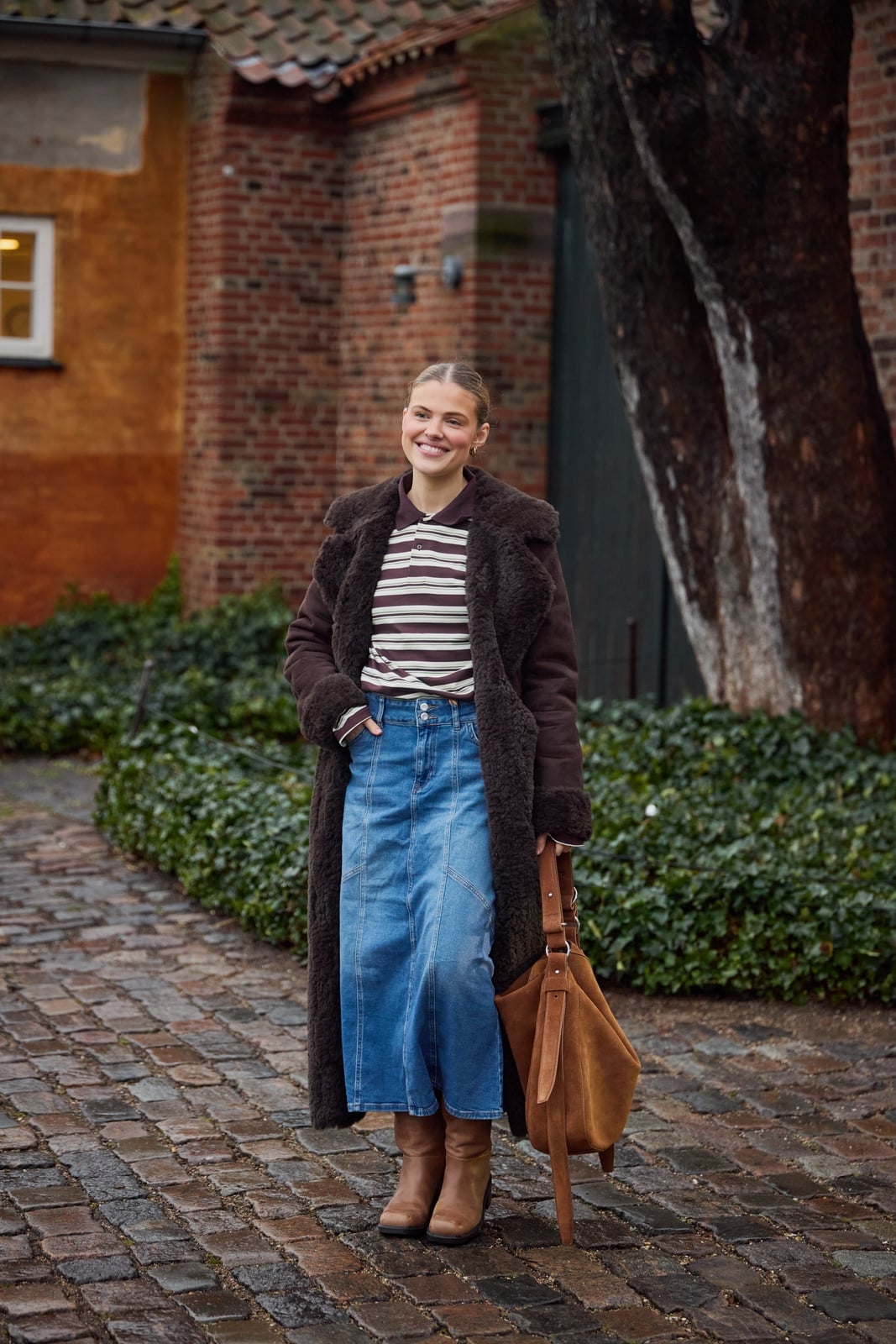 Long Shearling Coat Over Striped Polo Long Shearling Coat Over Striped Polo — Classy Scandinavian Style