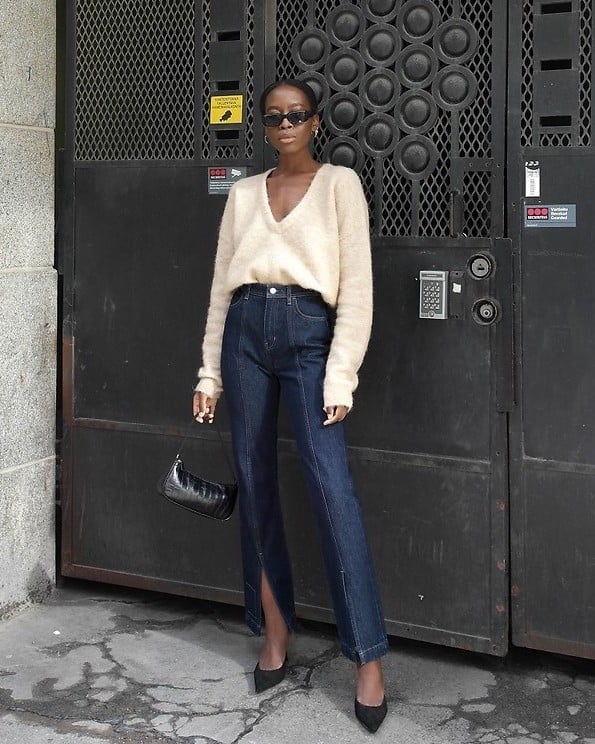 Cream V-neck Sweater with Split-Hem Trousers Cream V-neck Sweater with Split-Hem Trousers — Classy Scandinavian Style