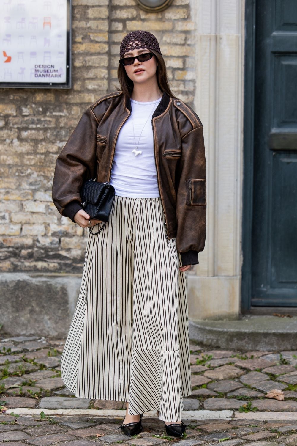 Leather Bomber Jacket with Striped Maxi Skirt Leather Bomber Jacket with Striped Maxi Skirt — Classy Scandinavian Style