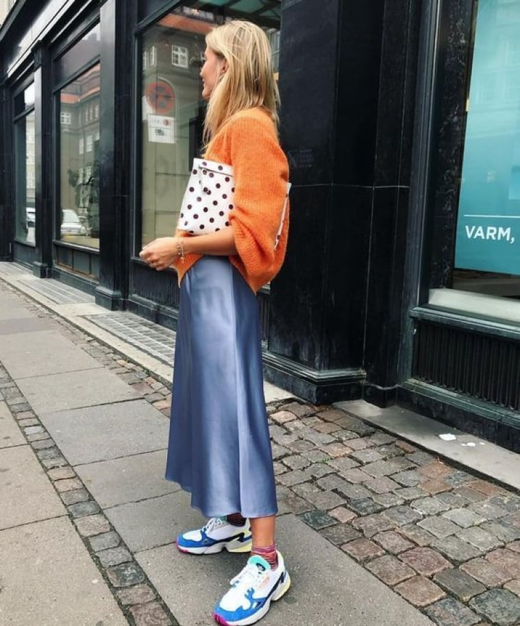 Orange Oversized Sweater with Satin Midi Skirt Orange Oversized Sweater with Satin Midi Skirt — Classy Scandinavian Style