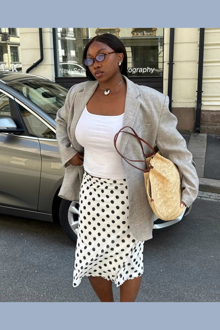 Grey Linen Blazer with Polka Dot Skirt Grey Linen Blazer with Polka Dot Skirt — Classy Scandinavian Style