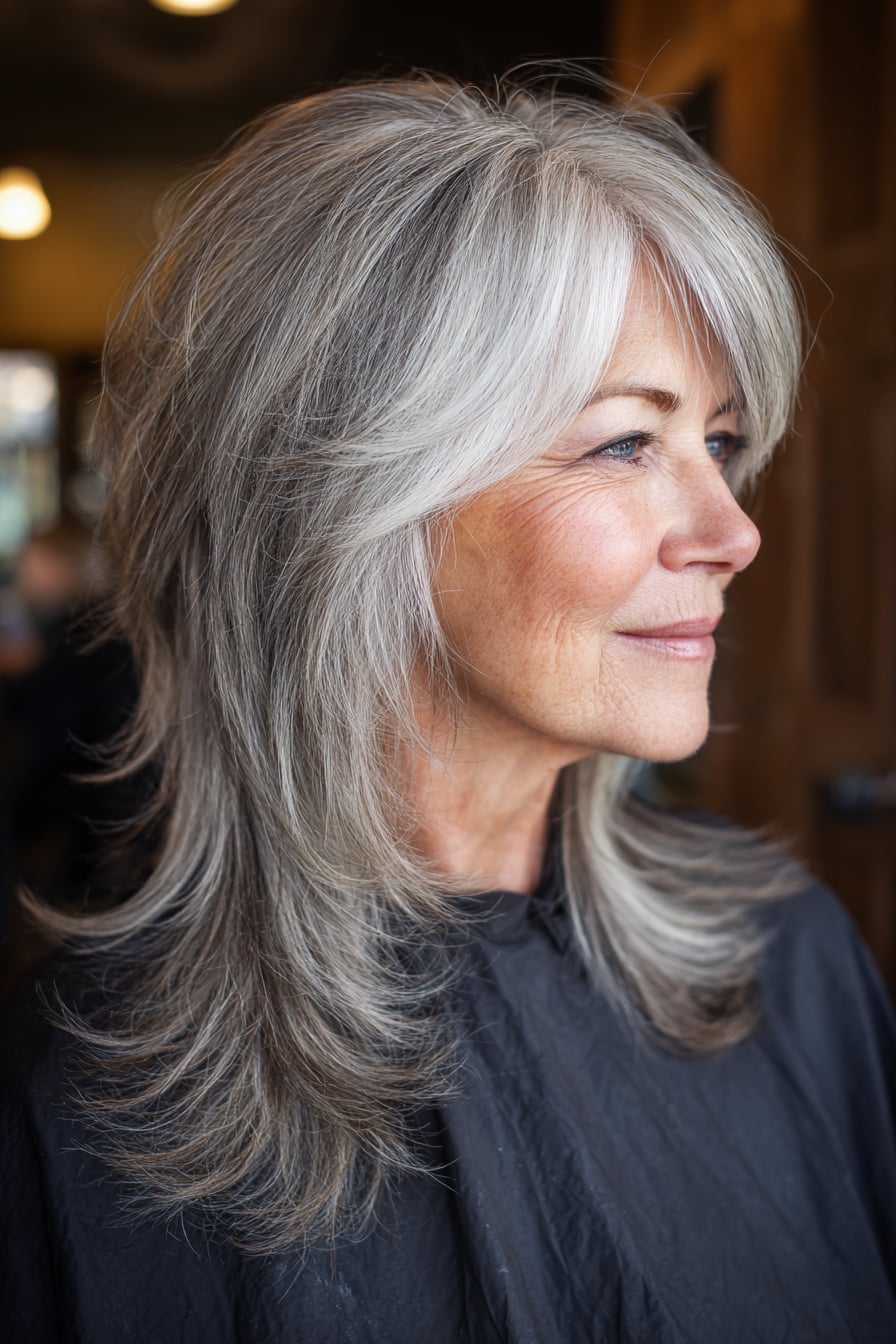 Mid-Back Shag With Silver Grey Blend Mid-Back Shag With Silver Grey Blend — Classy Shag Hair