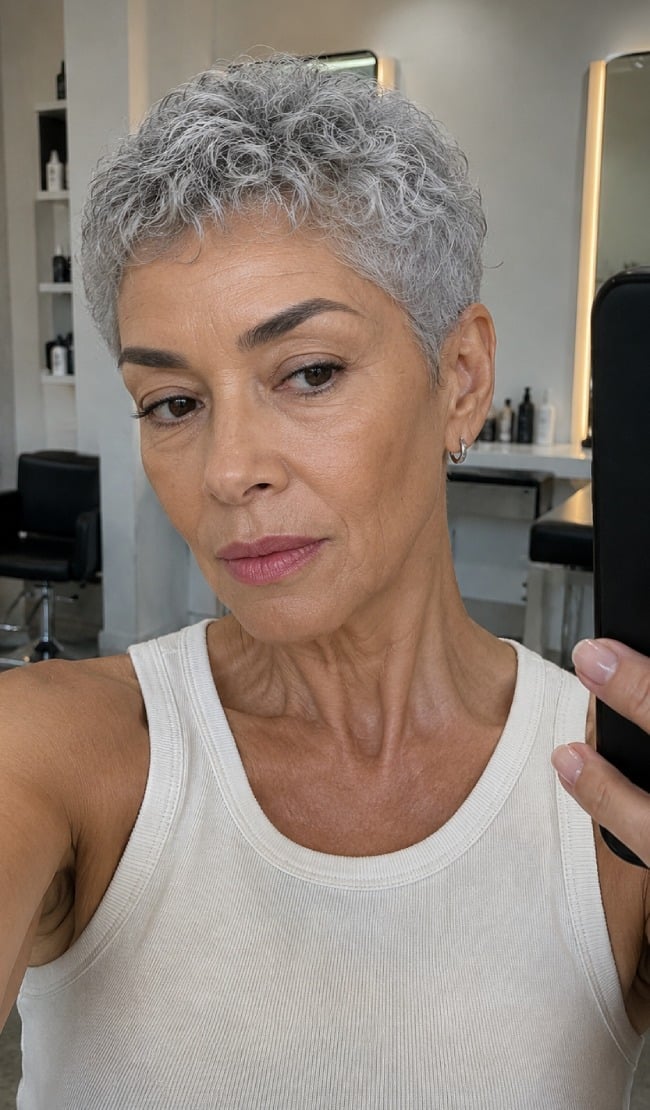 Silver Pixie With Bouncy Curls Silver Pixie With Bouncy Curls — Classy Short Hair Pixie