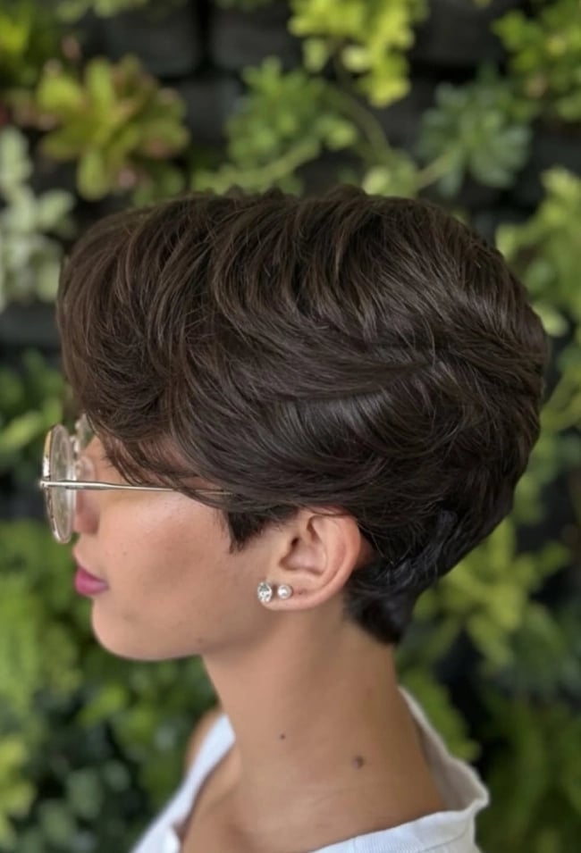 Thick Wavy Dark Brown Pixie Blowout Thick Wavy Dark Brown Pixie Blowout — Classy Short Hair Pixie