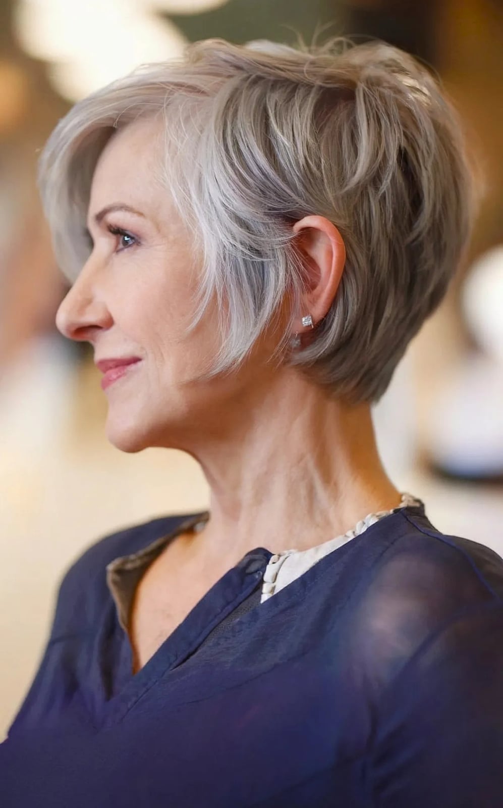 Short Grey Pixie With Swept Bangs Short Grey Pixie With Swept Bangs — Classy Short Hair Pixie