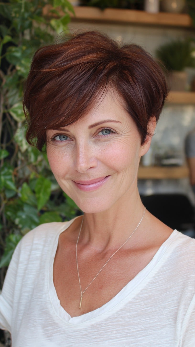 Auburn Collarbone Pixie With Soft Bangs Auburn Collarbone Pixie With Soft Bangs — Classy Short Hair Pixie