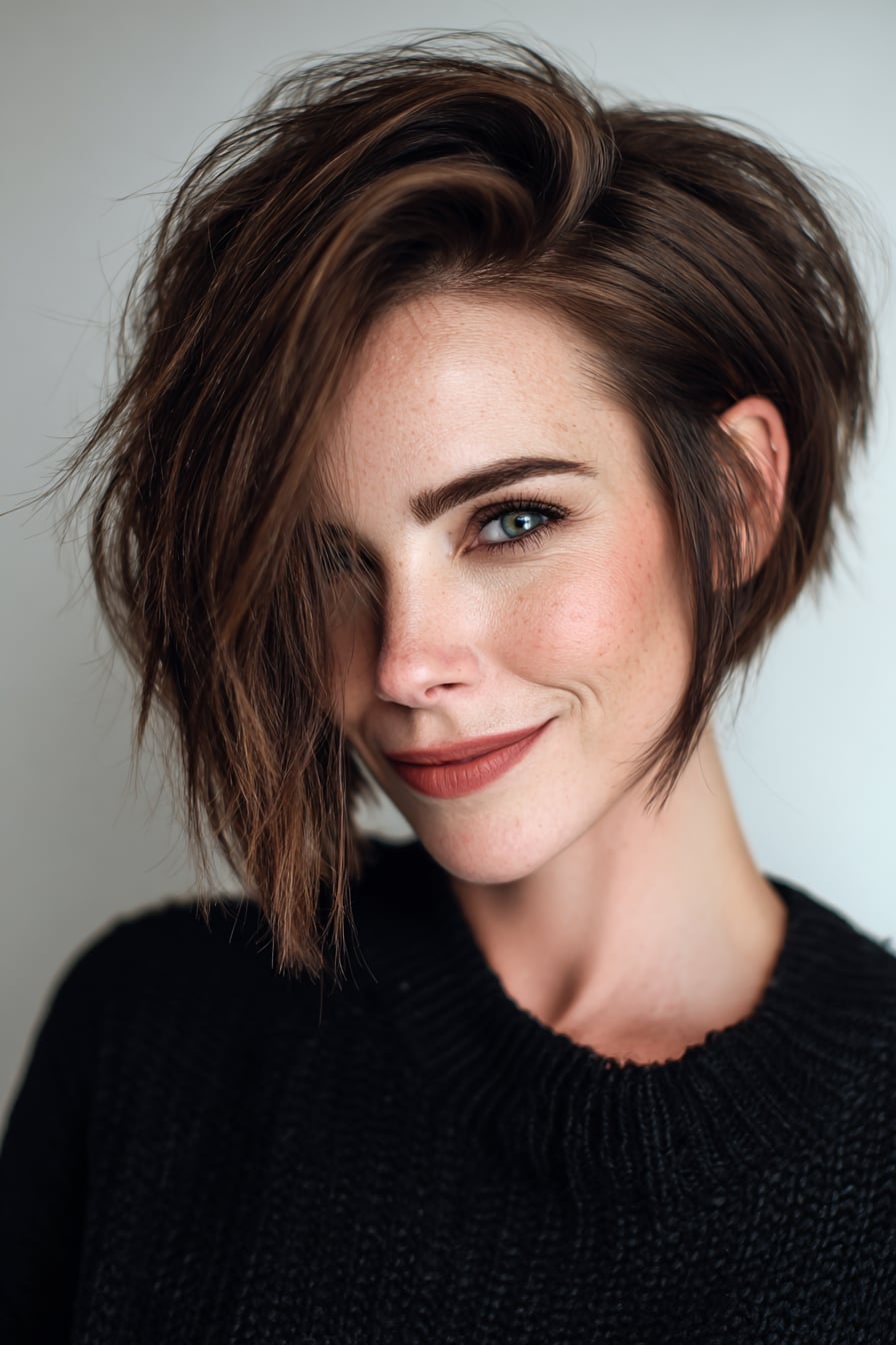 Thick Wavy Brown Pixie With Side Swept Bangs Thick Wavy Brown Pixie With Side Swept Bangs — Classy Short Haircuts for Round Faces