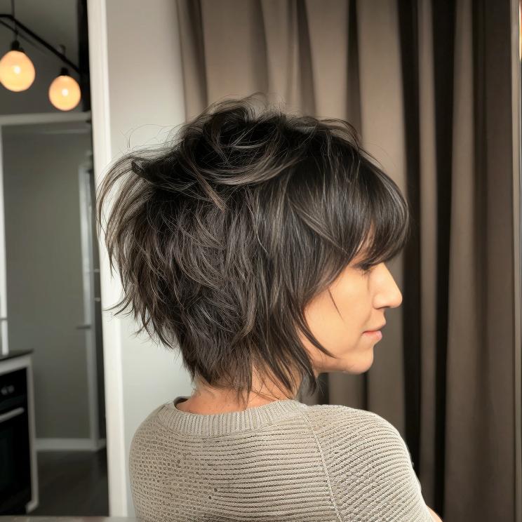 Dark Brown Shag Collarbone With Curtain Bangs Dark Brown Shag Collarbone With Curtain Bangs — Classy Short Shaggy Haircut