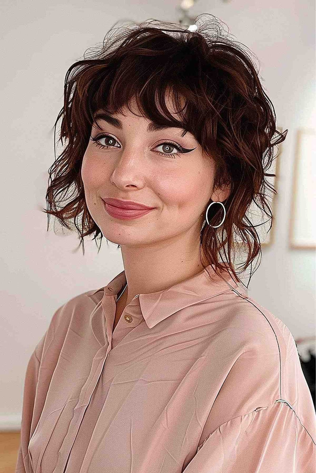 Dark Brown Shag Chin Length With Curtain Bangs and Side Parting Dark Brown Shag Chin Length With Curtain Bangs and Side Parting — Classy Short Shaggy Haircut