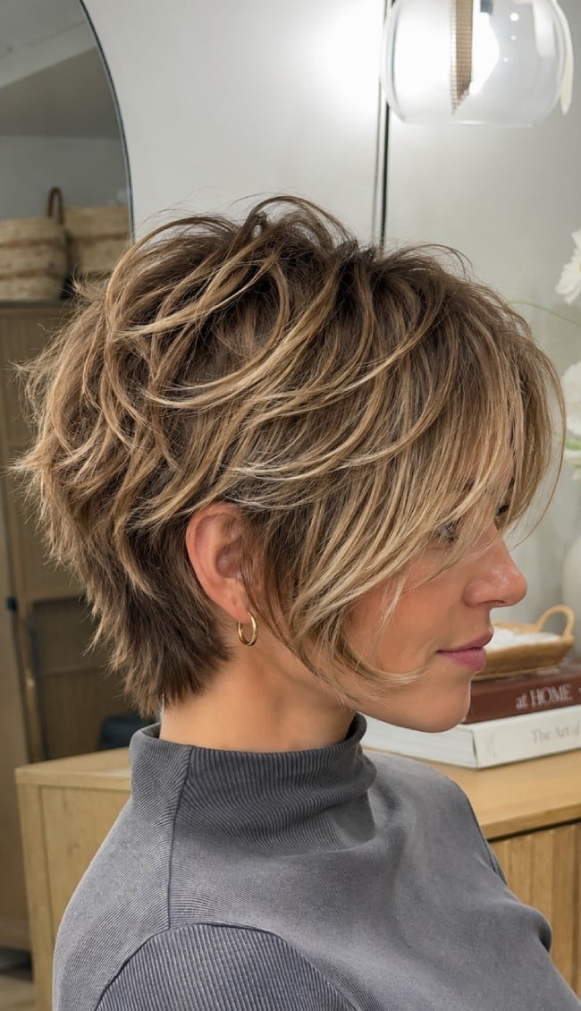 Brown Shag With Blonde Highlights And Curtain Bangs Brown Shag With Blonde Highlights And Curtain Bangs — Classy Short Shaggy Haircut