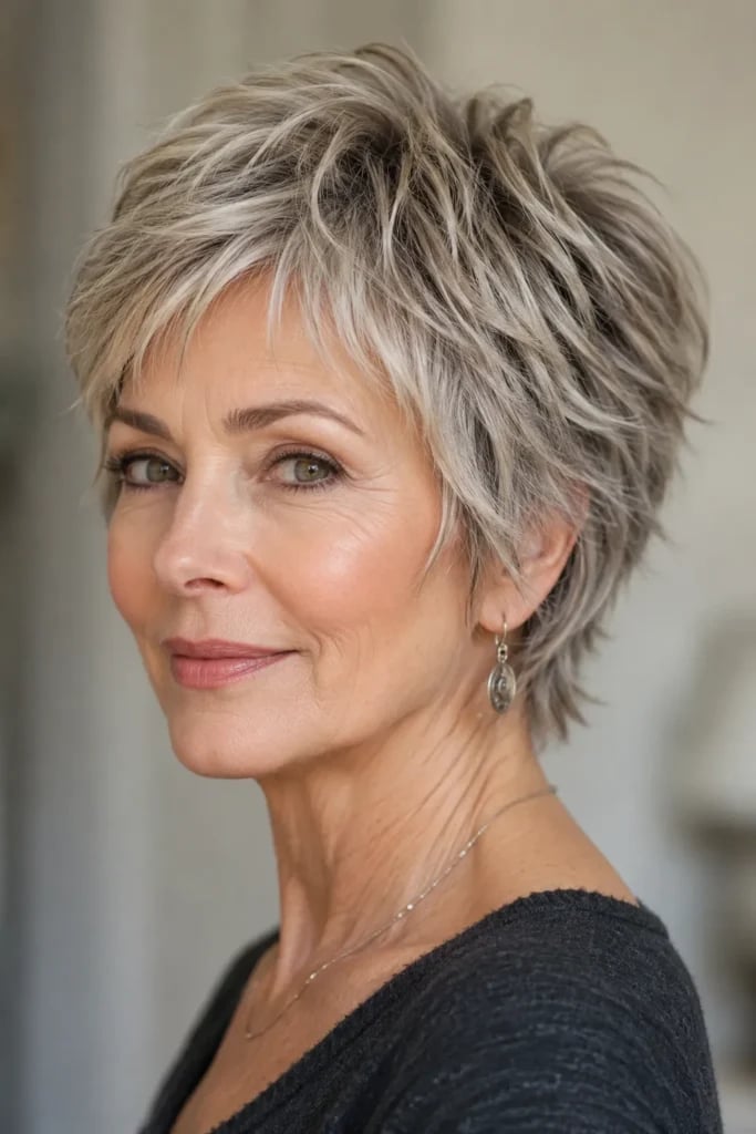 Silver Blonde Shag Ear Length With Side Swept Bangs, Close-Up Take Silver Blonde Shag Ear Length With Side Swept Bangs, Close-Up Take — Classy Short Shaggy Haircut
