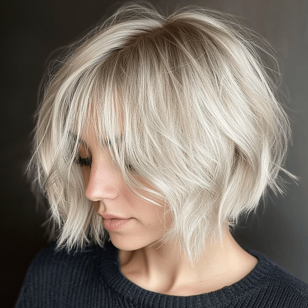 Platinum Blonde Shag Chin Length With Blunt Bangs Platinum Blonde Shag Chin Length With Blunt Bangs — Classy Short Shaggy Haircut