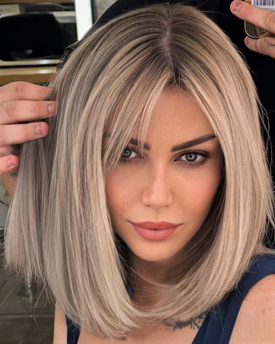 Collarbone Layers With Medium Brown Highlights — Classy Side Bangs
