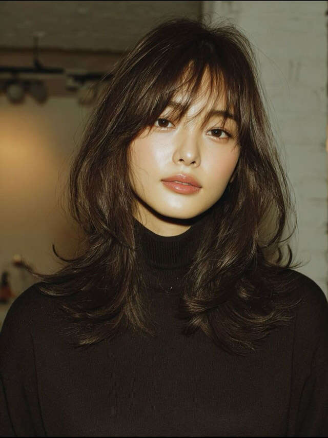 Collarbone Layered Cut With Dark Brown Waves — Classy Side Bangs
