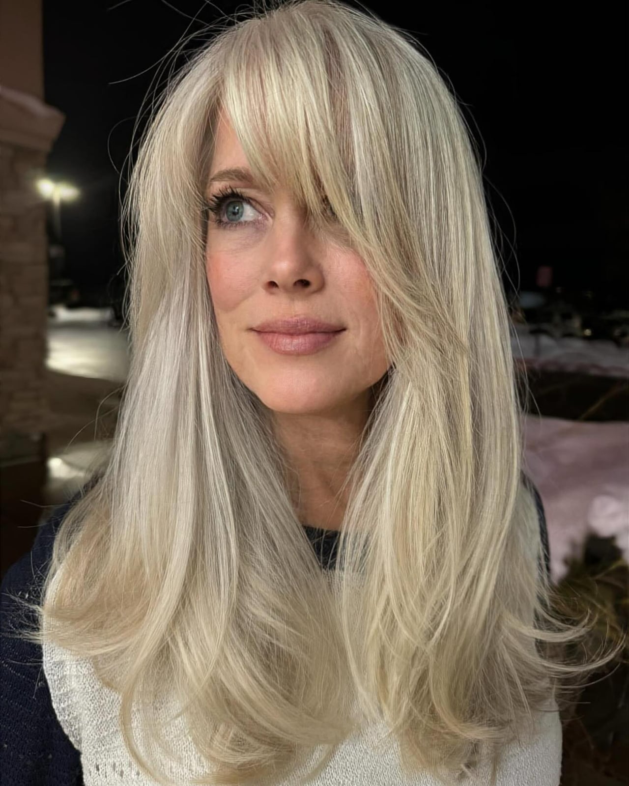 Long Layered Ash Blonde Hair With Side Swept Bangs — Classy Side Bangs