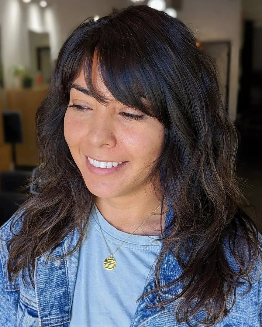 Mid-Back Layers With Dark Brown Wispy Bangs and Air Dried — Classy Side Bangs
