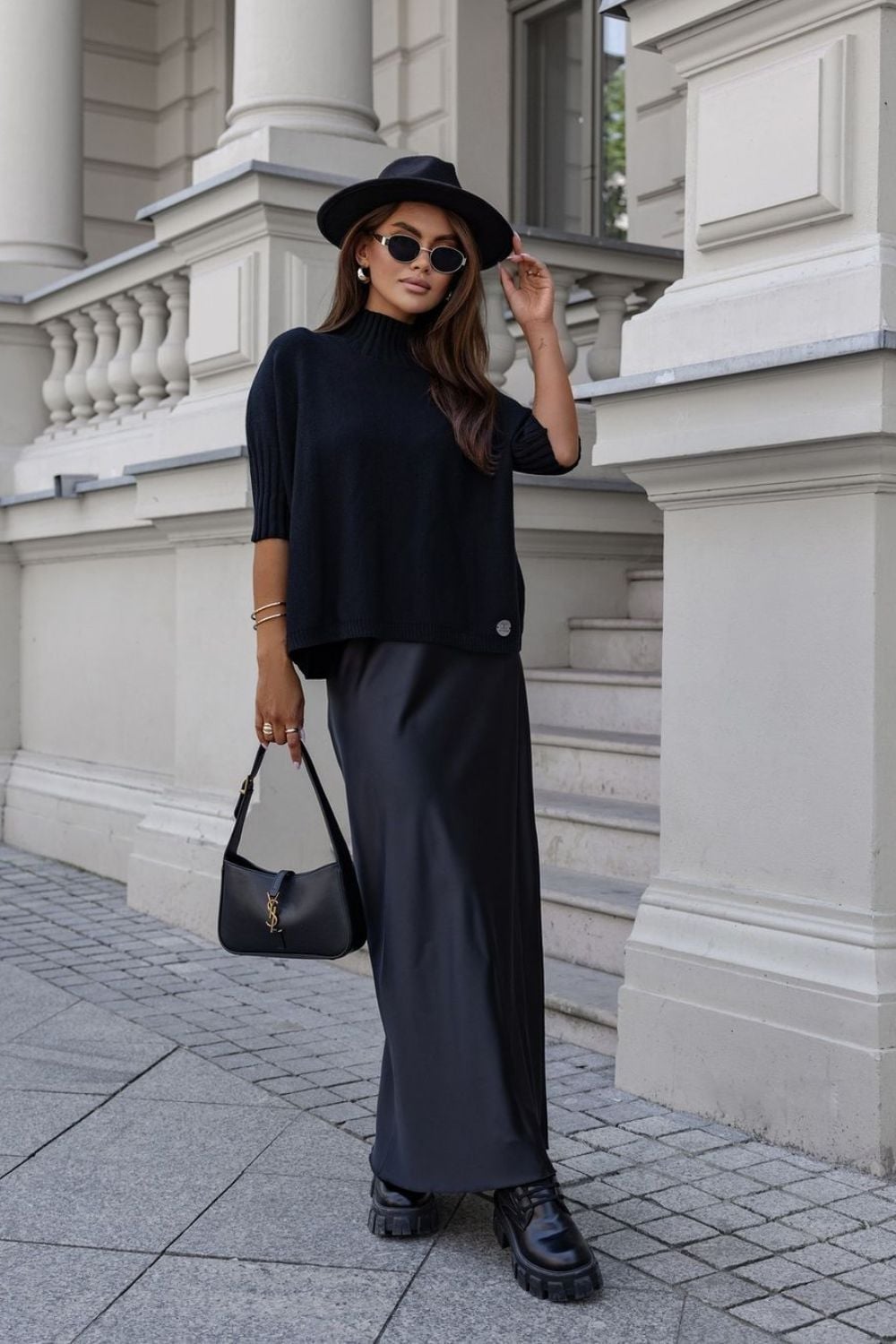 Black Silk Maxi Skirt With Turtleneck and Pointed-Toe Heels — Classy Silk Skirt Outfit