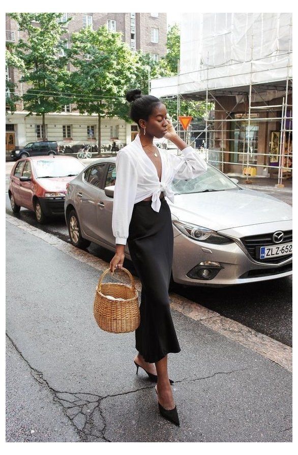Black Silk A-Line Skirt With Tie-Front Blouse and Pointed Toe Heels — Classy Silk Skirt Outfit