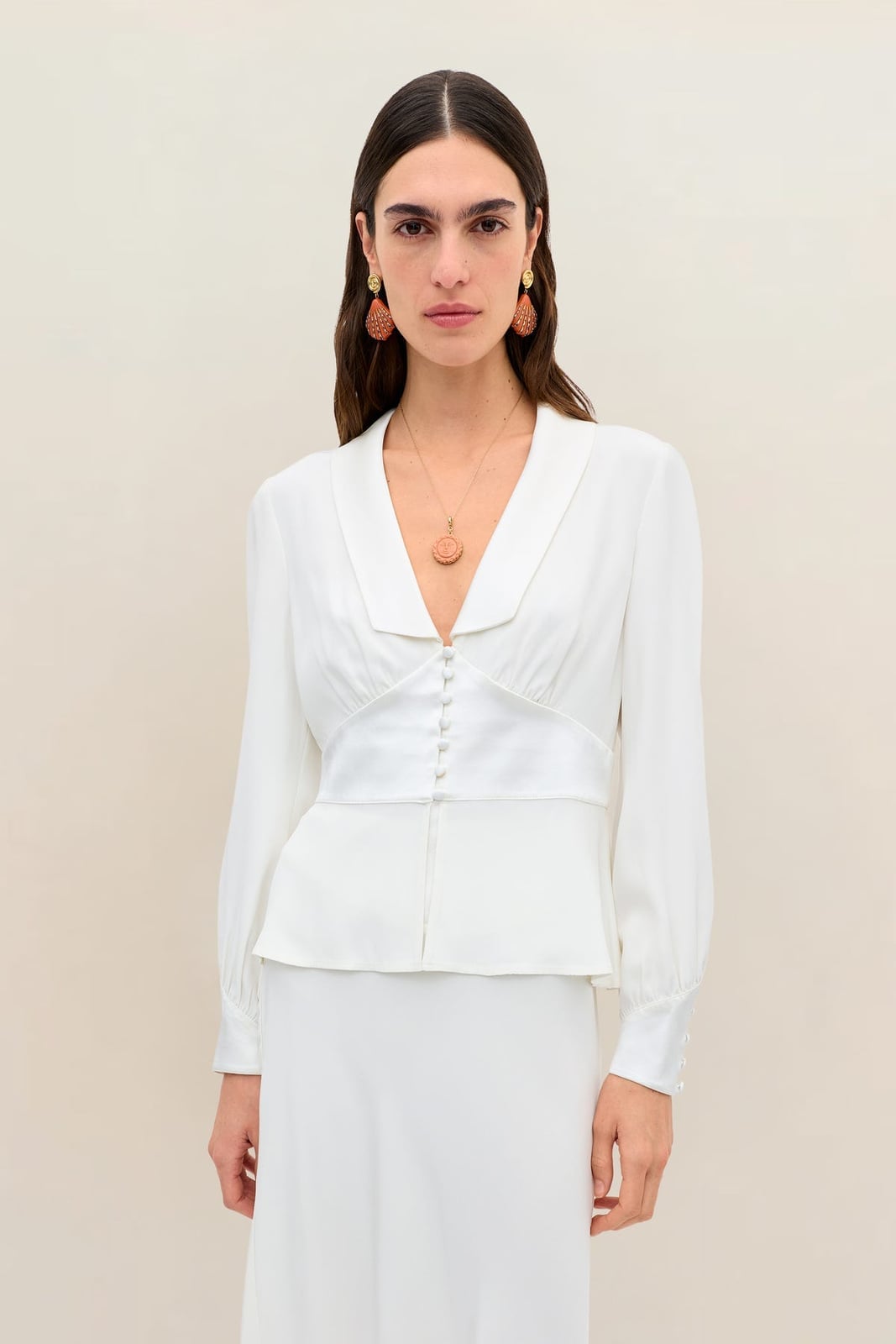 Ivory Silk Crepe Skirt With White Blouse and Orange Earrings — Classy Silk Skirt Outfit